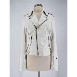 Anthropologie JKT Moto Jacket White Vegan Leather Zip Pockets Size XS